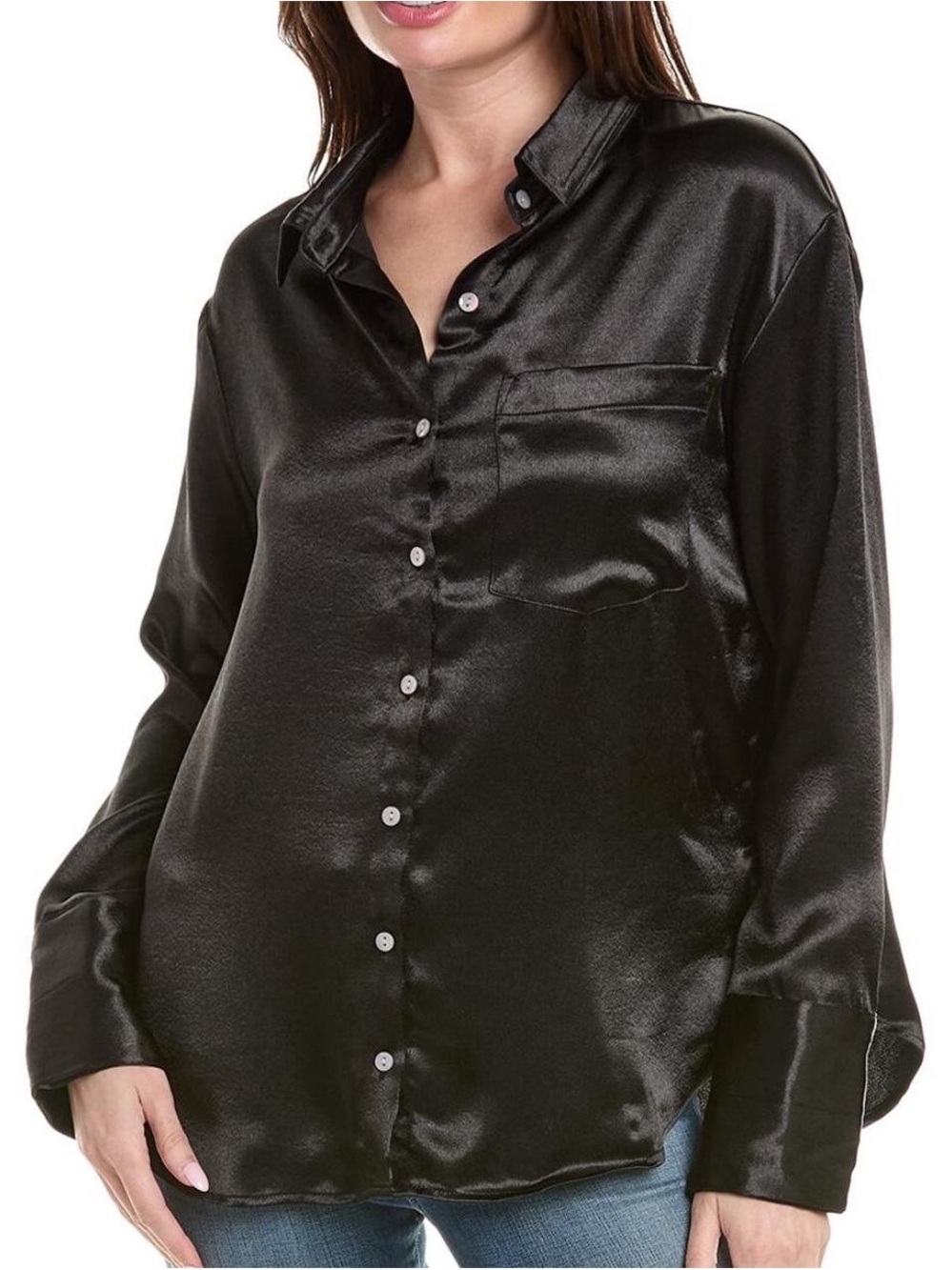 Free People Black Satin Button-Down Shirt- Size M